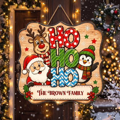 Personalized Santa Reindeer Penguin HO HO HO Custom Shape Wood Sign, Custom Family Name Christmas Hanging Wooden Plaque, Cute Holiday Door & Wall Decor Family Gift
