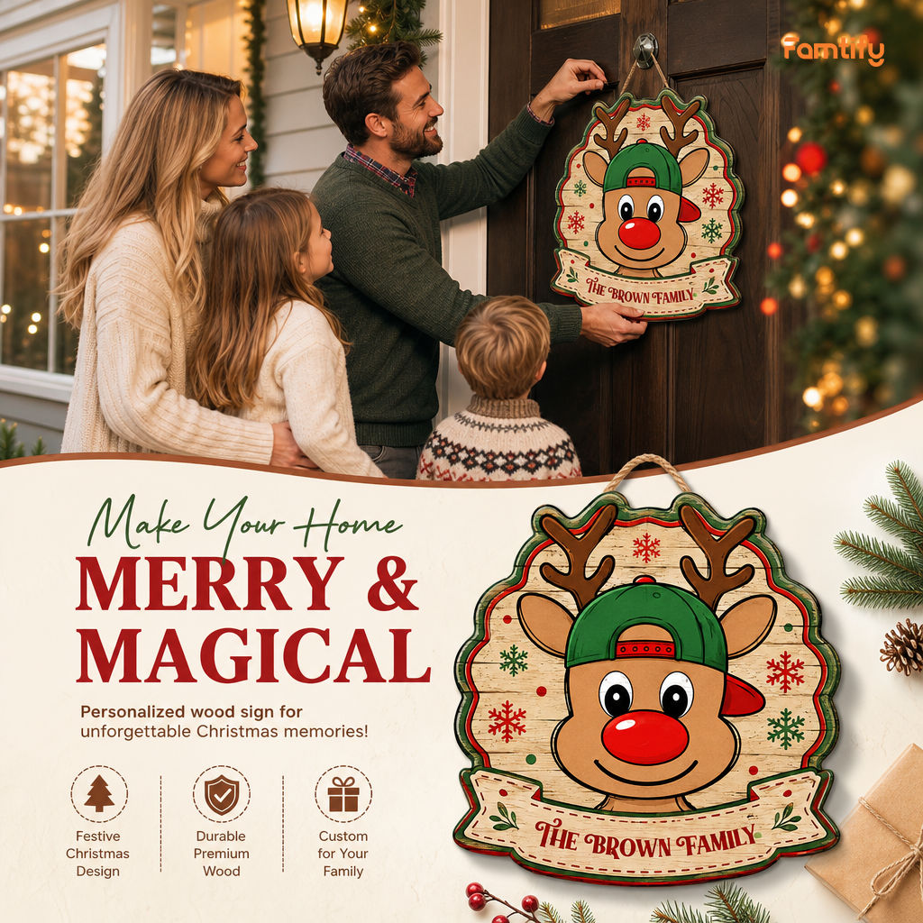 Personalized Cute Reindeer Baseball Cap Custom Shape Wood Sign, Custom Family Name Rudolph Wooden Hanging Plaque, Festive Holiday Door & Wall Decor Family Gift