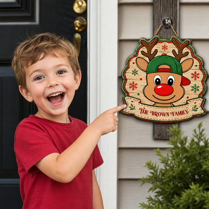 Personalized Cute Reindeer Baseball Cap Custom Shape Wood Sign, Custom Family Name Rudolph Wooden Hanging Plaque, Festive Holiday Door & Wall Decor Family Gift