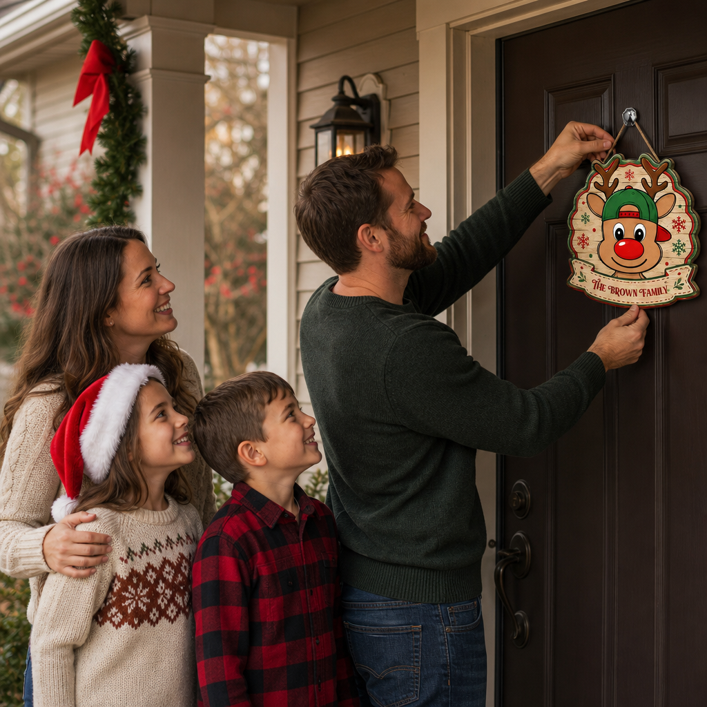 Personalized Cute Reindeer Baseball Cap Custom Shape Wood Sign, Custom Family Name Rudolph Wooden Hanging Plaque, Festive Holiday Door & Wall Decor Family Gift