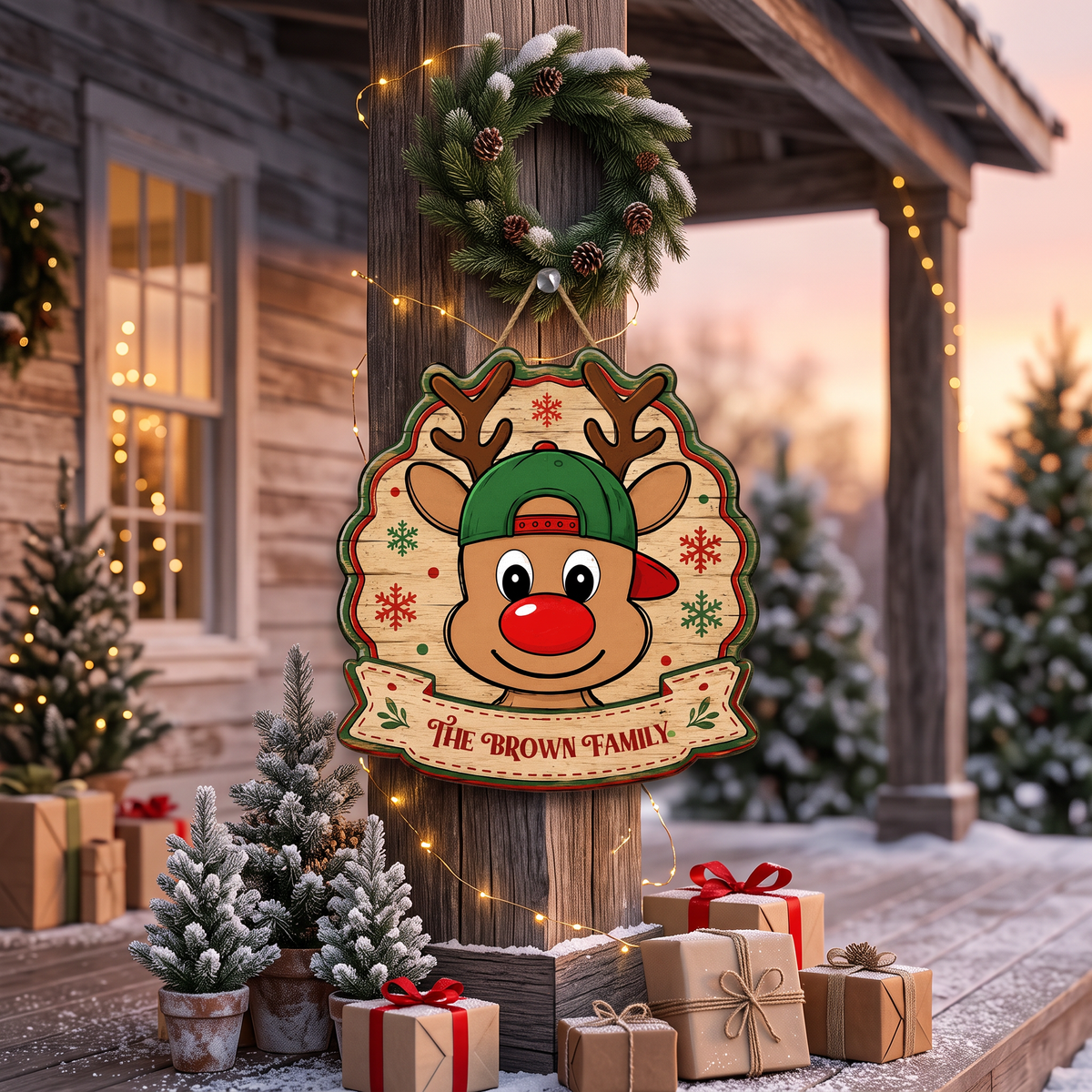 Personalized Cute Reindeer Baseball Cap Custom Shape Wood Sign, Custom Family Name Rudolph Wooden Hanging Plaque, Festive Holiday Door & Wall Decor Family Gift