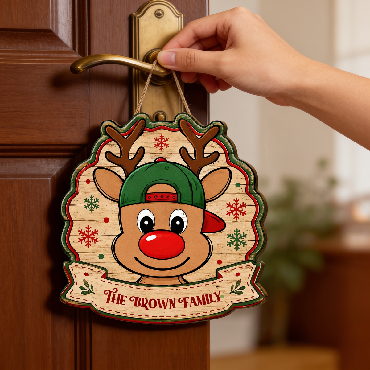 Personalized Cute Reindeer Baseball Cap Custom Shape Wood Sign, Custom Family Name Rudolph Wooden Hanging Plaque, Festive Holiday Door & Wall Decor Family Gift