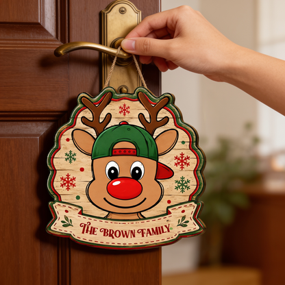 Personalized Cute Reindeer Baseball Cap Custom Shape Wood Sign, Custom Family Name Rudolph Wooden Hanging Plaque, Festive Holiday Door & Wall Decor Family Gift