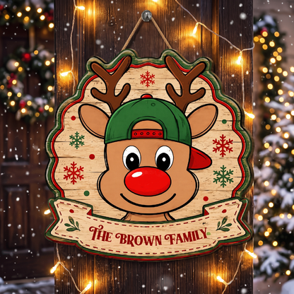 Personalized Cute Reindeer Baseball Cap Custom Shape Wood Sign, Custom Family Name Rudolph Wooden Hanging Plaque, Festive Holiday Door & Wall Decor Family Gift