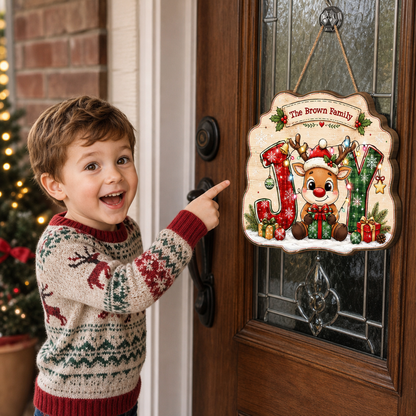 Personalized Reindeer JOY Lights Gift Custom Shape Wood Sign, Custom Family Name Rudolph Christmas Plaque Wooden Hanging Decor, Festive Holiday Door & Wall Decor Family Gift
