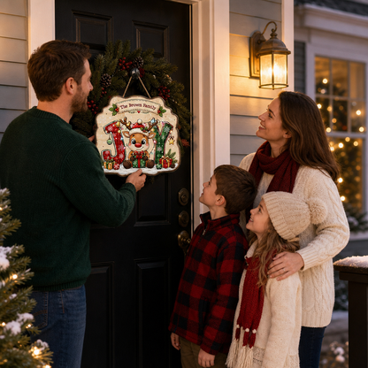 Personalized Reindeer JOY Lights Gift Custom Shape Wood Sign, Custom Family Name Rudolph Christmas Plaque Wooden Hanging Decor, Festive Holiday Door & Wall Decor Family Gift