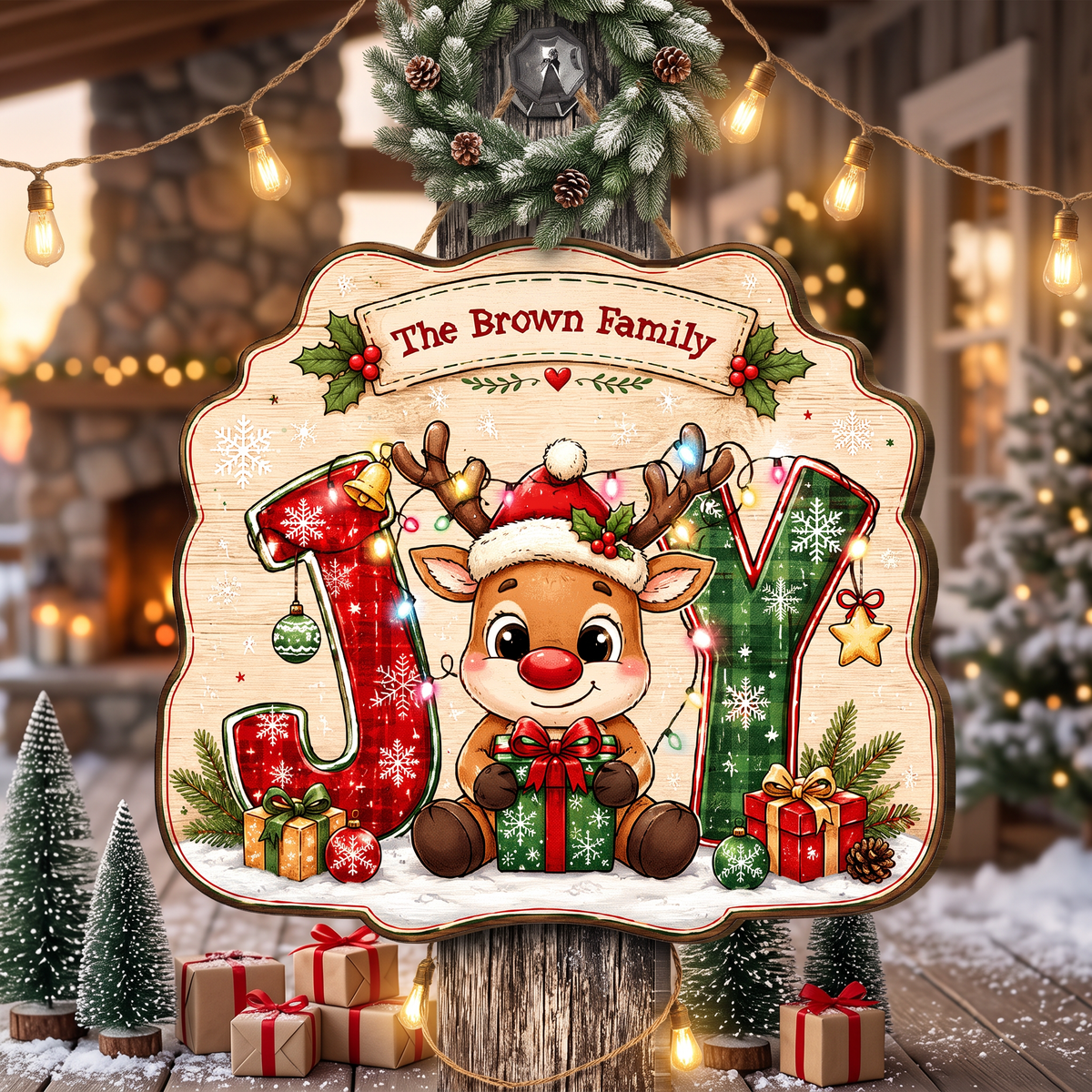 Personalized Reindeer JOY Lights Gift Custom Shape Wood Sign, Custom Family Name Rudolph Christmas Plaque Wooden Hanging Decor, Festive Holiday Door & Wall Decor Family Gift