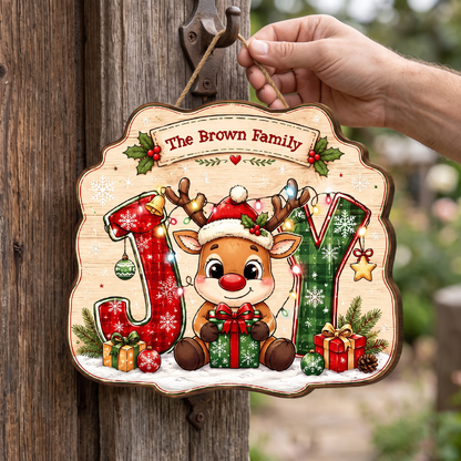 Personalized Reindeer JOY Lights Gift Custom Shape Wood Sign, Custom Family Name Rudolph Christmas Plaque Wooden Hanging Decor, Festive Holiday Door & Wall Decor Family Gift