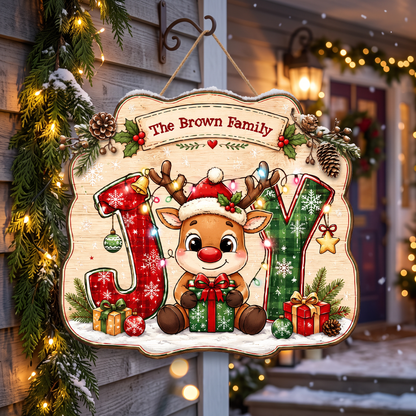 Personalized Reindeer JOY Lights Gift Custom Shape Wood Sign, Custom Family Name Rudolph Christmas Plaque Wooden Hanging Decor, Festive Holiday Door & Wall Decor Family Gift