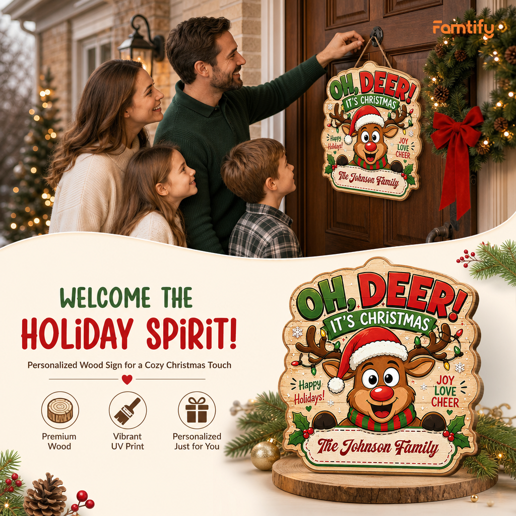 Personalized Reindeer JOY Lights Gift Custom Shape Wood Sign, Custom Family Name Rudolph Christmas Plaque Wooden Hanging Decor, Festive Holiday Door & Wall Decor Family Gift