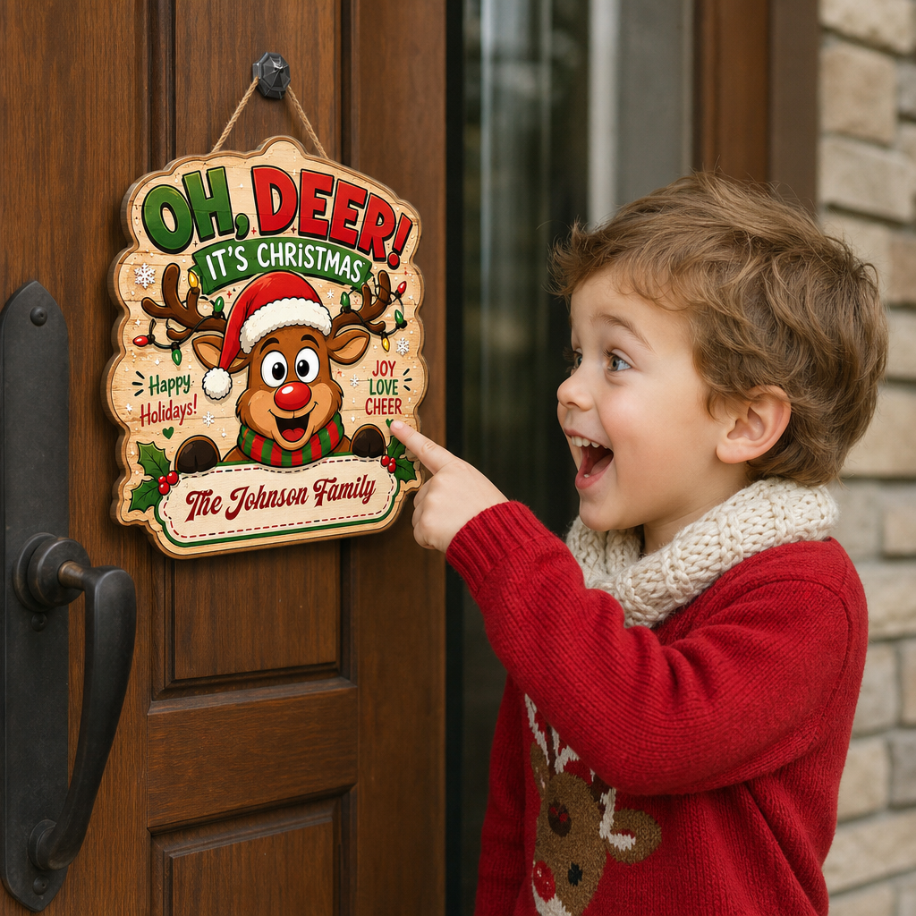 Personalized Reindeer JOY Lights Gift Custom Shape Wood Sign, Custom Family Name Rudolph Christmas Plaque Wooden Hanging Decor, Festive Holiday Door & Wall Decor Family Gift