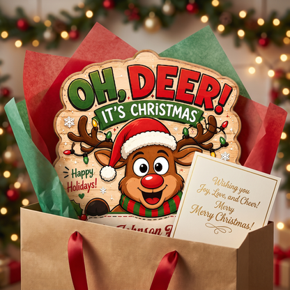 Personalized Reindeer JOY Lights Gift Custom Shape Wood Sign, Custom Family Name Rudolph Christmas Plaque Wooden Hanging Decor, Festive Holiday Door & Wall Decor Family Gift