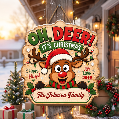 Personalized Reindeer JOY Lights Gift Custom Shape Wood Sign, Custom Family Name Rudolph Christmas Plaque Wooden Hanging Decor, Festive Holiday Door & Wall Decor Family Gift