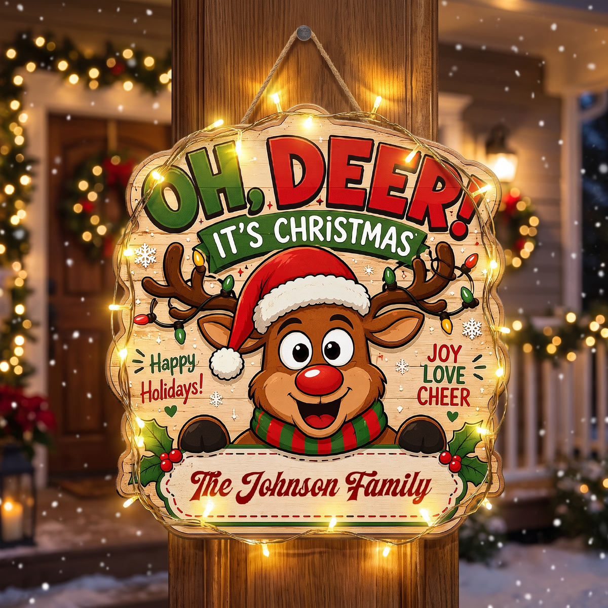 Personalized Reindeer JOY Lights Gift Custom Shape Wood Sign, Custom Family Name Rudolph Christmas Plaque Wooden Hanging Decor, Festive Holiday Door & Wall Decor Family Gift