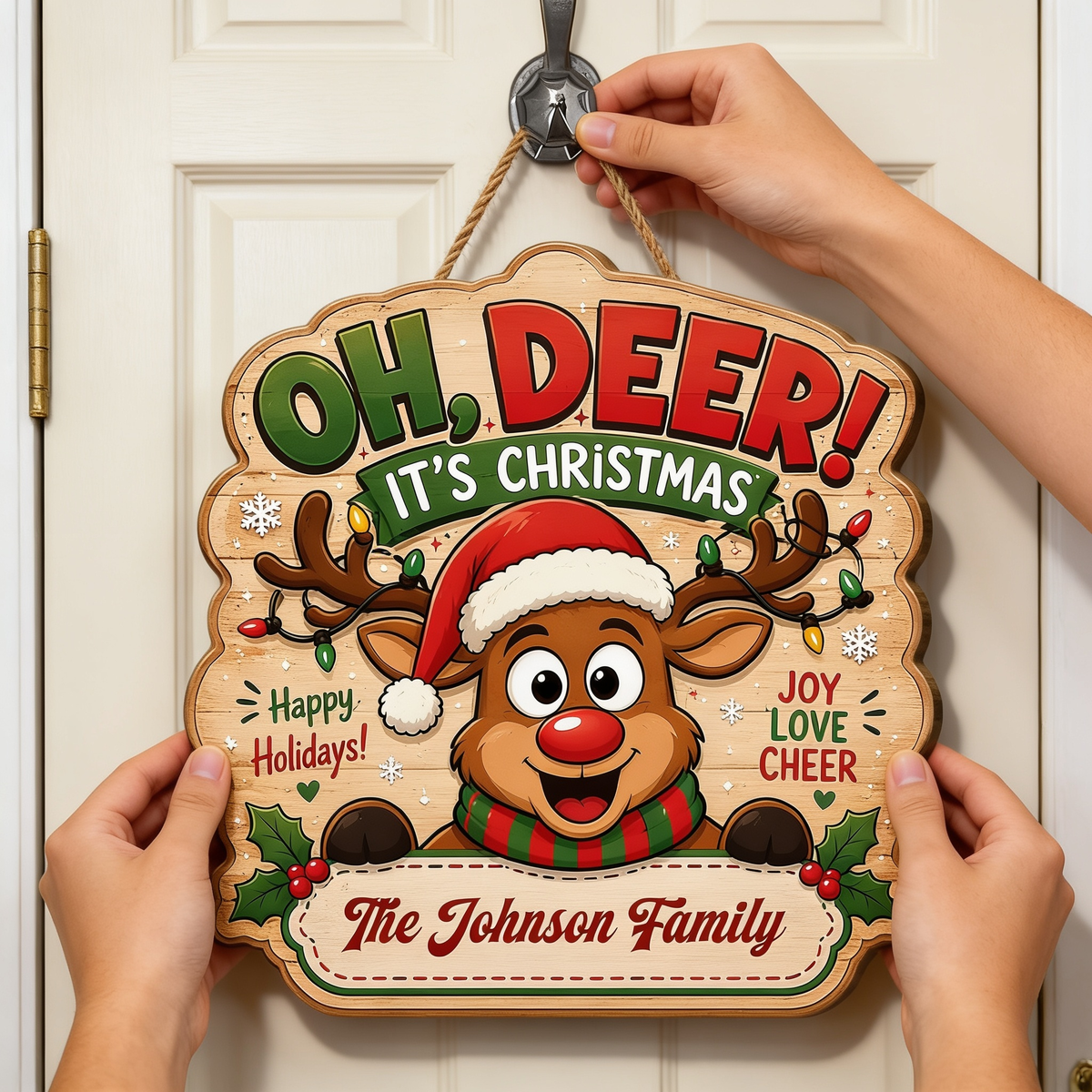 Personalized Reindeer JOY Lights Gift Custom Shape Wood Sign, Custom Family Name Rudolph Christmas Plaque Wooden Hanging Decor, Festive Holiday Door & Wall Decor Family Gift
