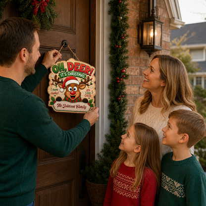 Personalized Reindeer JOY Lights Gift Custom Shape Wood Sign, Custom Family Name Rudolph Christmas Plaque Wooden Hanging Decor, Festive Holiday Door & Wall Decor Family Gift