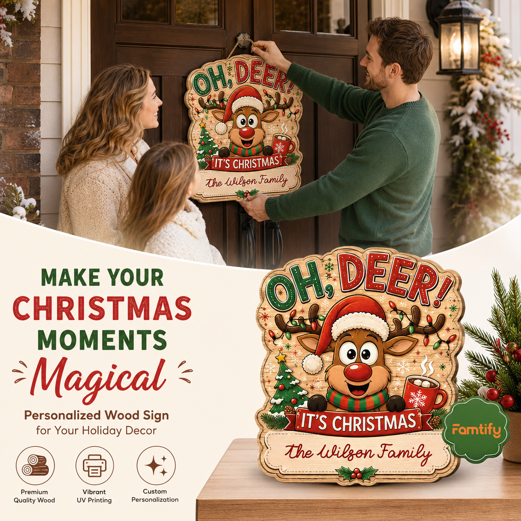 Personalized Reindeer Oh Deer It's Christmas Custom Shape Wood Sign, Custom Family Name Rudolph Hot Cocoa Tree Wooden Hanging Plaque, Festive Holiday Door & Wall Decor Family Gift