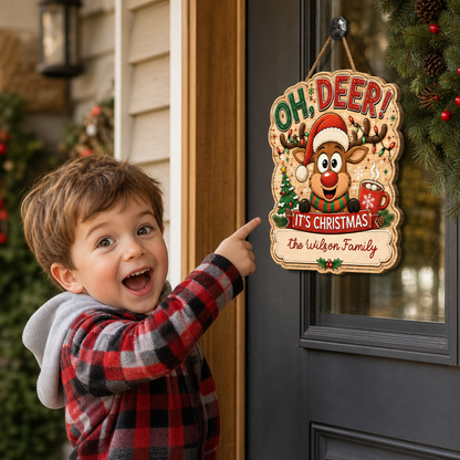 Personalized Reindeer Oh Deer It's Christmas Custom Shape Wood Sign, Custom Family Name Rudolph Hot Cocoa Tree Wooden Hanging Plaque, Festive Holiday Door & Wall Decor Family Gift
