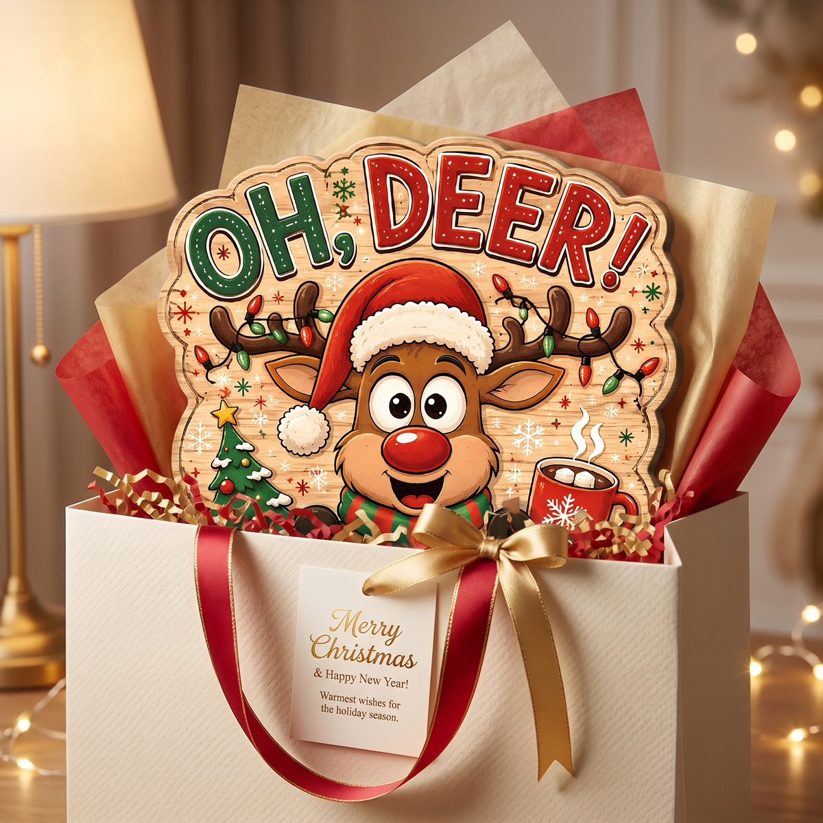 Personalized Reindeer Oh Deer It's Christmas Custom Shape Wood Sign, Custom Family Name Rudolph Hot Cocoa Tree Wooden Hanging Plaque, Festive Holiday Door & Wall Decor Family Gift