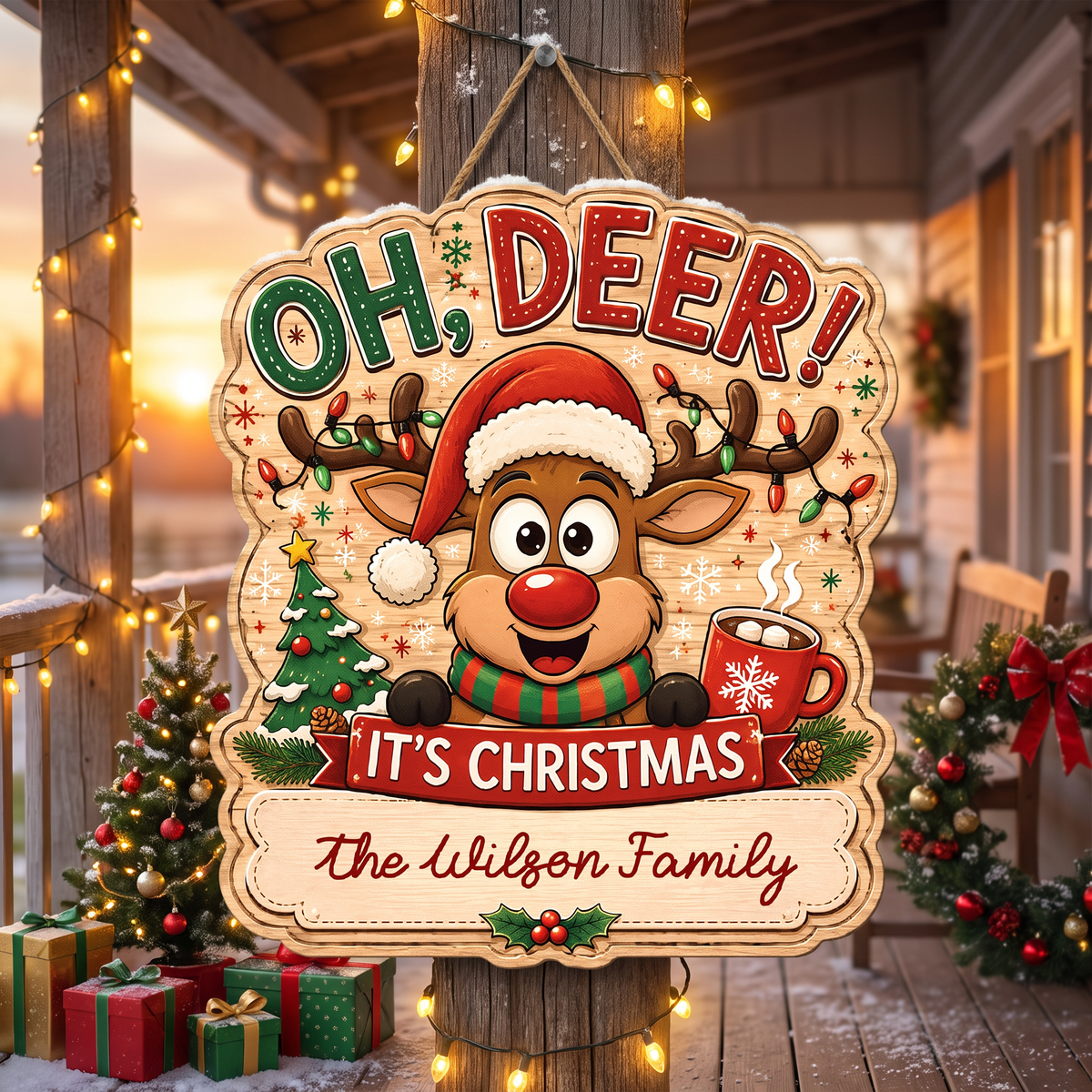 Personalized Reindeer Oh Deer It's Christmas Custom Shape Wood Sign, Custom Family Name Rudolph Hot Cocoa Tree Wooden Hanging Plaque, Festive Holiday Door & Wall Decor Family Gift