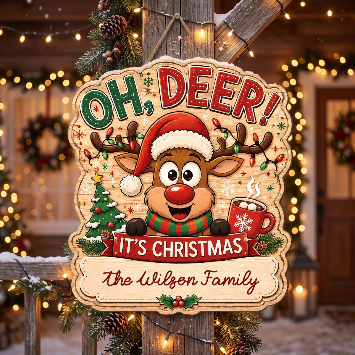 Personalized Reindeer Oh Deer It's Christmas Custom Shape Wood Sign, Custom Family Name Rudolph Hot Cocoa Tree Wooden Hanging Plaque, Festive Holiday Door & Wall Decor Family Gift