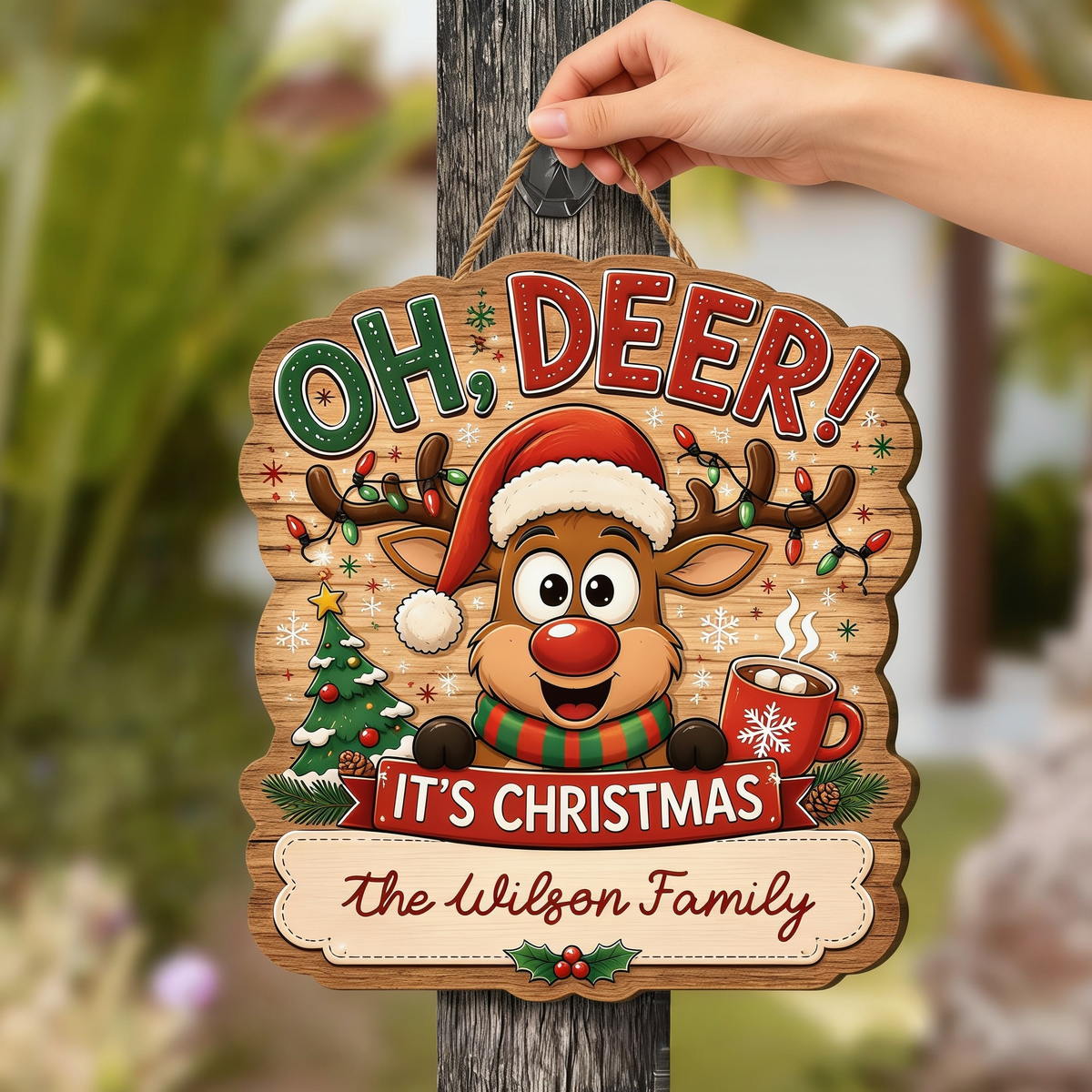 Personalized Reindeer Oh Deer It's Christmas Custom Shape Wood Sign, Custom Family Name Rudolph Hot Cocoa Tree Wooden Hanging Plaque, Festive Holiday Door & Wall Decor Family Gift