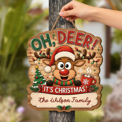 Personalized Reindeer Oh Deer It's Christmas Custom Shape Wood Sign, Custom Family Name Rudolph Hot Cocoa Tree Wooden Hanging Plaque, Festive Holiday Door & Wall Decor Family Gift