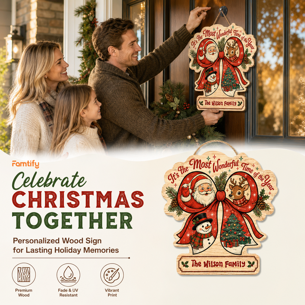 Personalized Christmas Ribbon Wreath Santa Reindeer Snowman Custom Shape Wood Sign, Custom Family Name It's The Most Wonderful Time Of The Year Wooden Hanging Decor, Holiday Door & Wall Decor Family Gift
