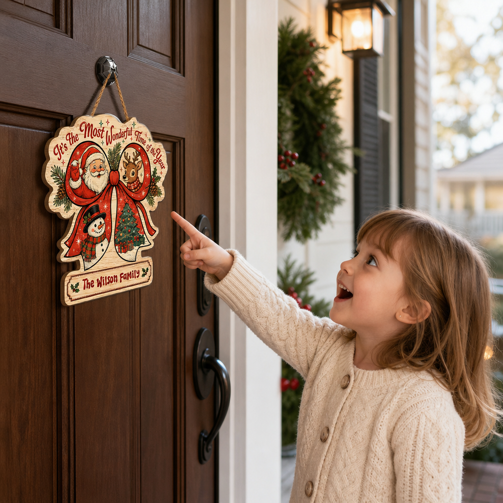 Personalized Christmas Ribbon Wreath Santa Reindeer Snowman Custom Shape Wood Sign, Custom Family Name It's The Most Wonderful Time Of The Year Wooden Hanging Decor, Holiday Door & Wall Decor Family Gift