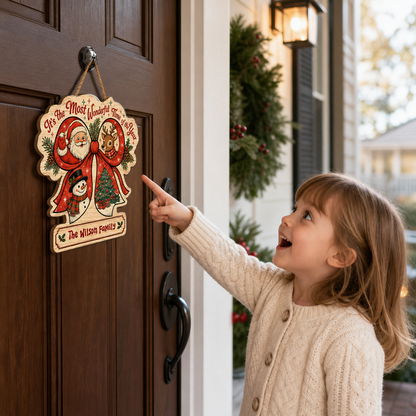 Personalized Christmas Ribbon Wreath Santa Reindeer Snowman Custom Shape Wood Sign, Custom Family Name It's The Most Wonderful Time Of The Year Wooden Hanging Decor, Holiday Door & Wall Decor Family Gift