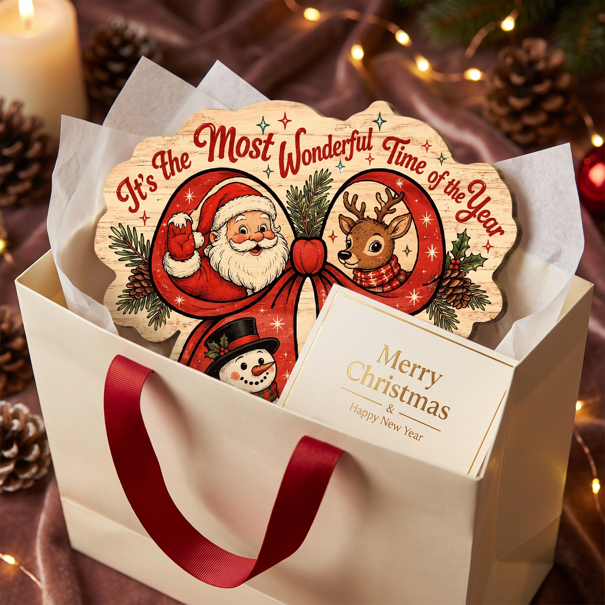 Personalized Christmas Ribbon Wreath Santa Reindeer Snowman Custom Shape Wood Sign, Custom Family Name It's The Most Wonderful Time Of The Year Wooden Hanging Decor, Holiday Door & Wall Decor Family Gift