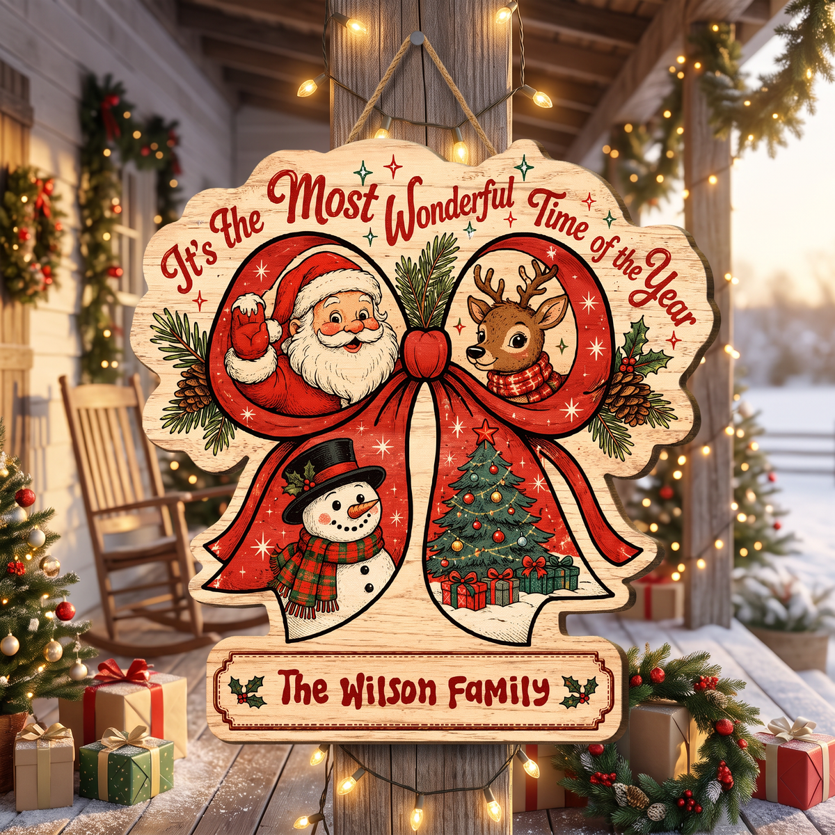 Personalized Christmas Ribbon Wreath Santa Reindeer Snowman Custom Shape Wood Sign, Custom Family Name It's The Most Wonderful Time Of The Year Wooden Hanging Decor, Holiday Door & Wall Decor Family Gift