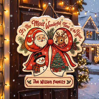 Personalized Christmas Ribbon Wreath Santa Reindeer Snowman Custom Shape Wood Sign, Custom Family Name It's The Most Wonderful Time Of The Year Wooden Hanging Decor, Holiday Door & Wall Decor Family Gift