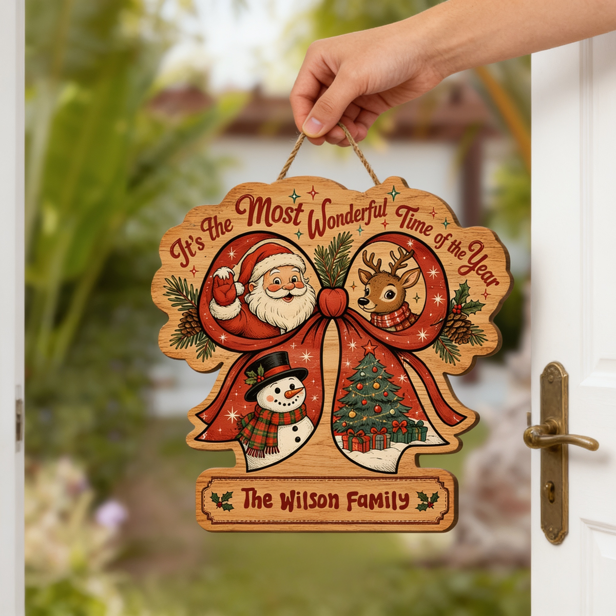 Personalized Christmas Ribbon Wreath Santa Reindeer Snowman Custom Shape Wood Sign, Custom Family Name It's The Most Wonderful Time Of The Year Wooden Hanging Decor, Holiday Door & Wall Decor Family Gift