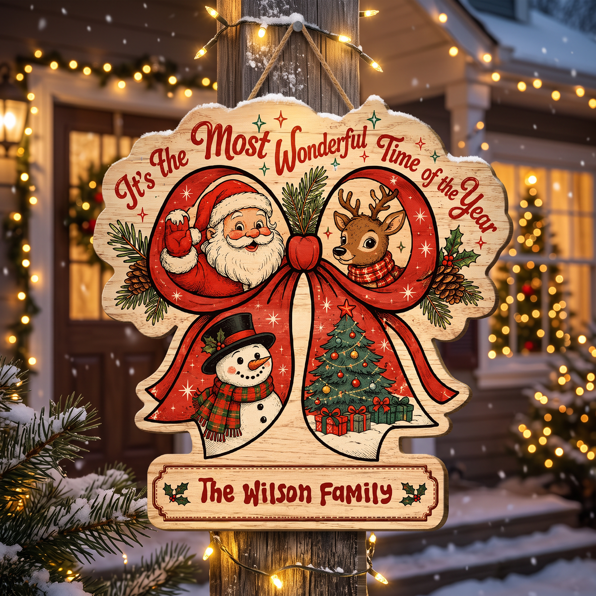 Personalized Christmas Ribbon Wreath Santa Reindeer Snowman Custom Shape Wood Sign, Custom Family Name It's The Most Wonderful Time Of The Year Wooden Hanging Decor, Holiday Door & Wall Decor Family Gift