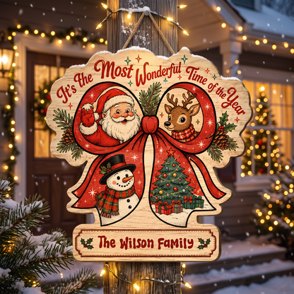Personalized Christmas Ribbon Wreath Santa Reindeer Snowman Custom Shape Wood Sign, Custom Family Name It's The Most Wonderful Time Of The Year Wooden Hanging Decor, Holiday Door & Wall Decor Family Gift