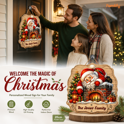 Personalized Santa Fireplace Chimney Custom Shape Wood Sign, Custom Family Name Santa Claus Christmas Tree Wooden Hanging Decor, Holiday Door & Wall Decor Family Gift