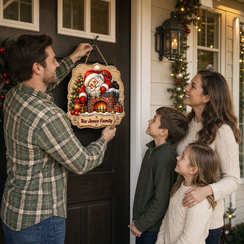 Personalized Santa Fireplace Chimney Custom Shape Wood Sign, Custom Family Name Santa Claus Christmas Tree Wooden Hanging Decor, Holiday Door & Wall Decor Family Gift