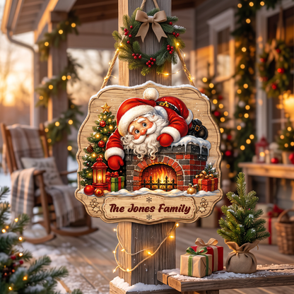 Personalized Santa Fireplace Chimney Custom Shape Wood Sign, Custom Family Name Santa Claus Christmas Tree Wooden Hanging Decor, Holiday Door & Wall Decor Family Gift