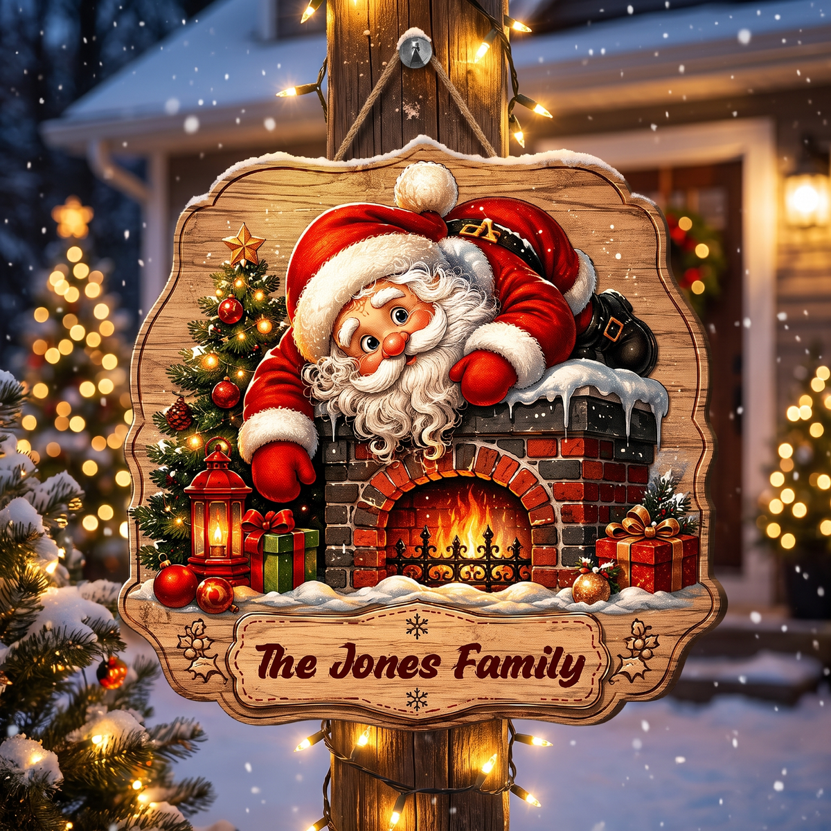 Personalized Santa Fireplace Chimney Custom Shape Wood Sign, Custom Family Name Santa Claus Christmas Tree Wooden Hanging Decor, Holiday Door & Wall Decor Family Gift