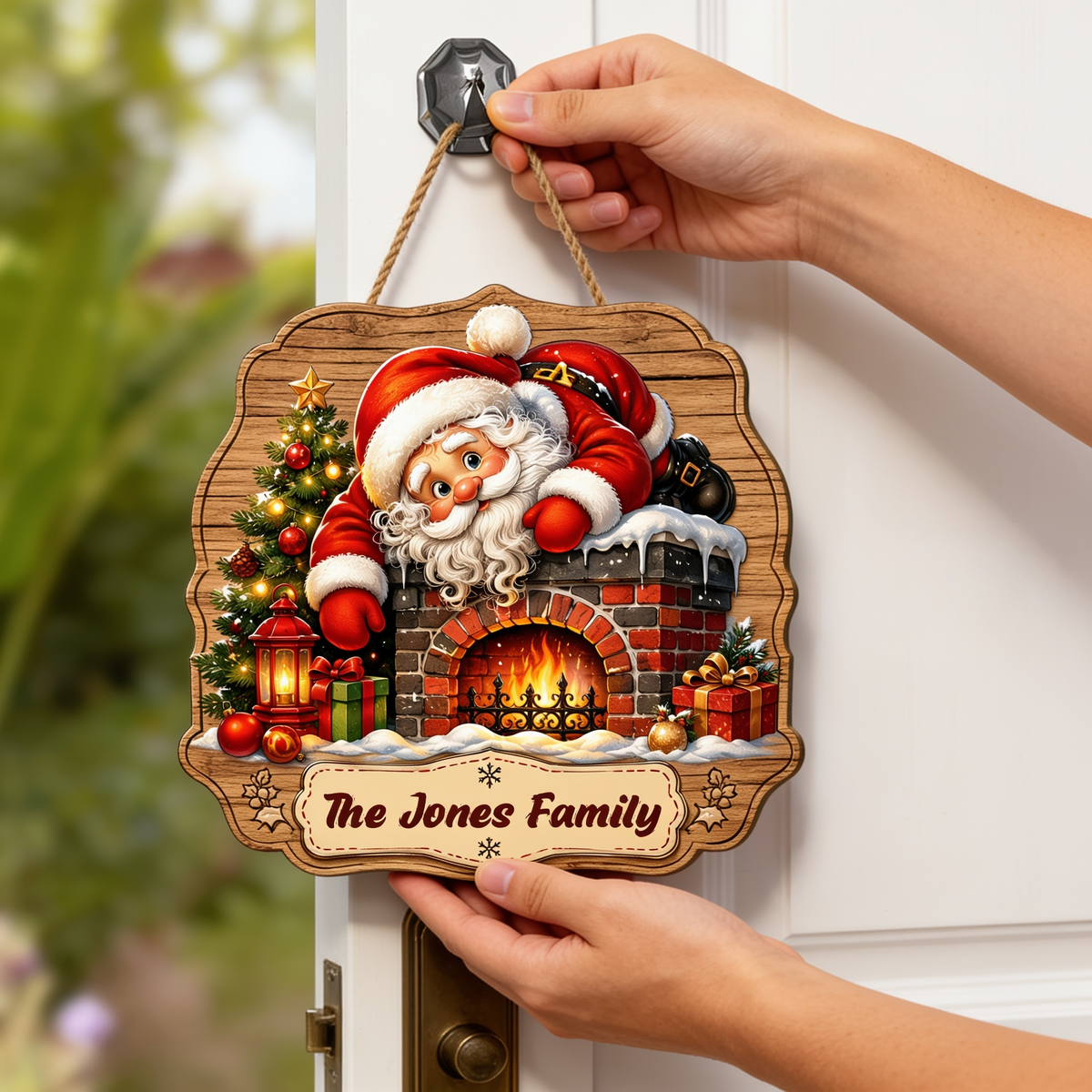 Personalized Santa Fireplace Chimney Custom Shape Wood Sign, Custom Family Name Santa Claus Christmas Tree Wooden Hanging Decor, Holiday Door & Wall Decor Family Gift