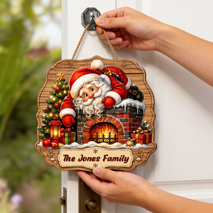 Personalized Santa Fireplace Chimney Custom Shape Wood Sign, Custom Family Name Santa Claus Christmas Tree Wooden Hanging Decor, Holiday Door & Wall Decor Family Gift