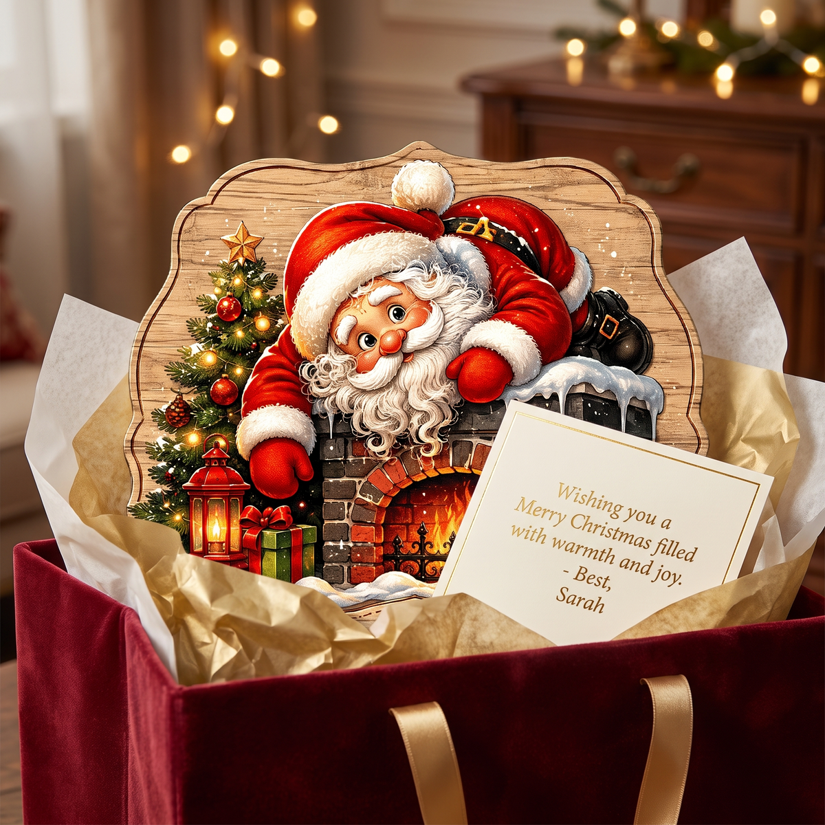 Personalized Santa Fireplace Chimney Custom Shape Wood Sign, Custom Family Name Santa Claus Christmas Tree Wooden Hanging Decor, Holiday Door & Wall Decor Family Gift