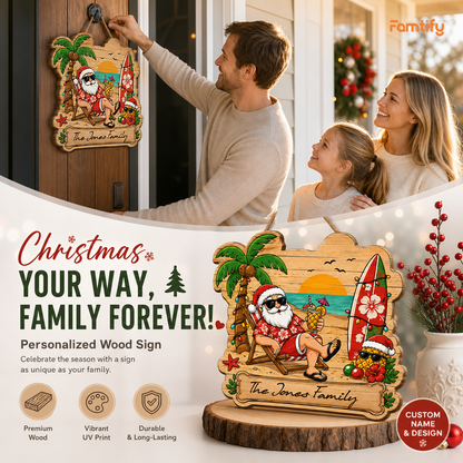 Personalized Tropical Santa Beach Christmas Surfboard Custom Shape Wood Sign, Custom Family Name Hawaiian Santa Palm Tree Wooden Hanging Plaque, Summer Holiday Door & Wall Decor Family Gift