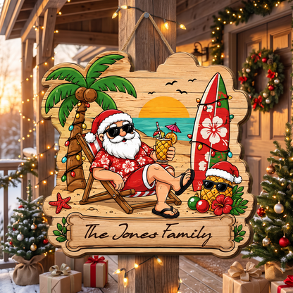 Personalized Tropical Santa Beach Christmas Surfboard Custom Shape Wood Sign, Custom Family Name Hawaiian Santa Palm Tree Wooden Hanging Plaque, Summer Holiday Door & Wall Decor Family Gift