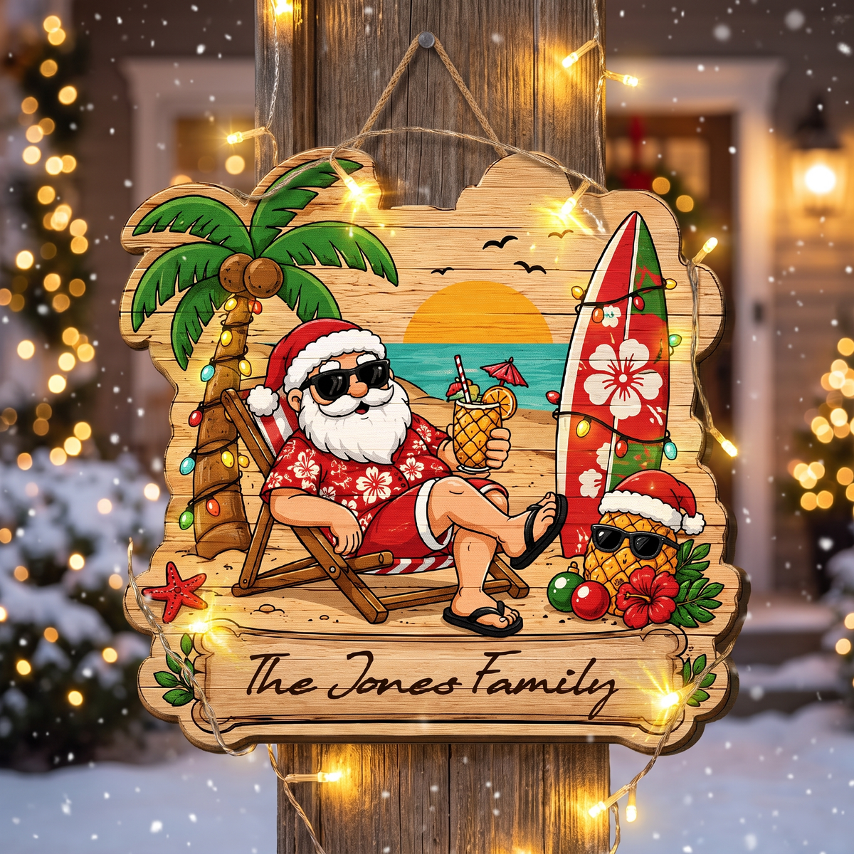 Personalized Tropical Santa Beach Christmas Surfboard Custom Shape Wood Sign, Custom Family Name Hawaiian Santa Palm Tree Wooden Hanging Plaque, Summer Holiday Door & Wall Decor Family Gift