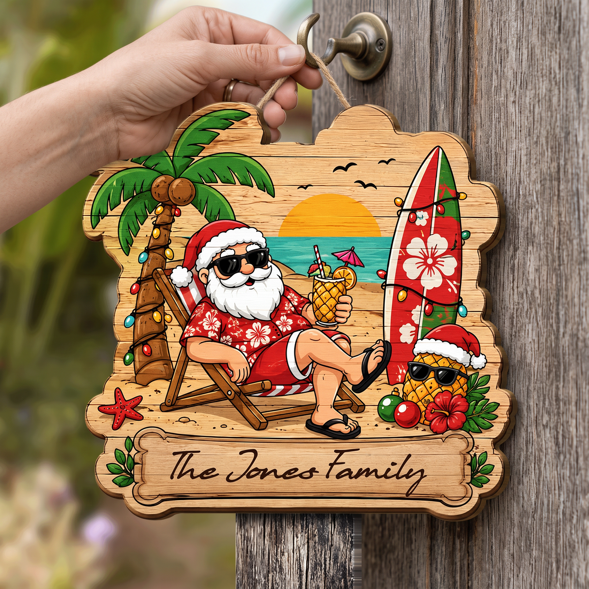 Personalized Tropical Santa Beach Christmas Surfboard Custom Shape Wood Sign, Custom Family Name Hawaiian Santa Palm Tree Wooden Hanging Plaque, Summer Holiday Door & Wall Decor Family Gift