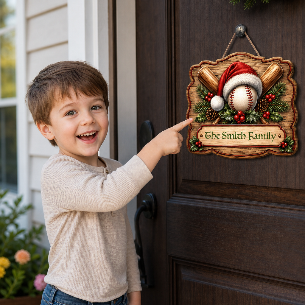Personalized Christmas Baseball Santa Hat Custom Shape Wood Sign, Custom Family Name Crossed Baseball Bats Wooden Hanging Plaque, Sports Lover Holiday Door & Wall Decor Family Gift