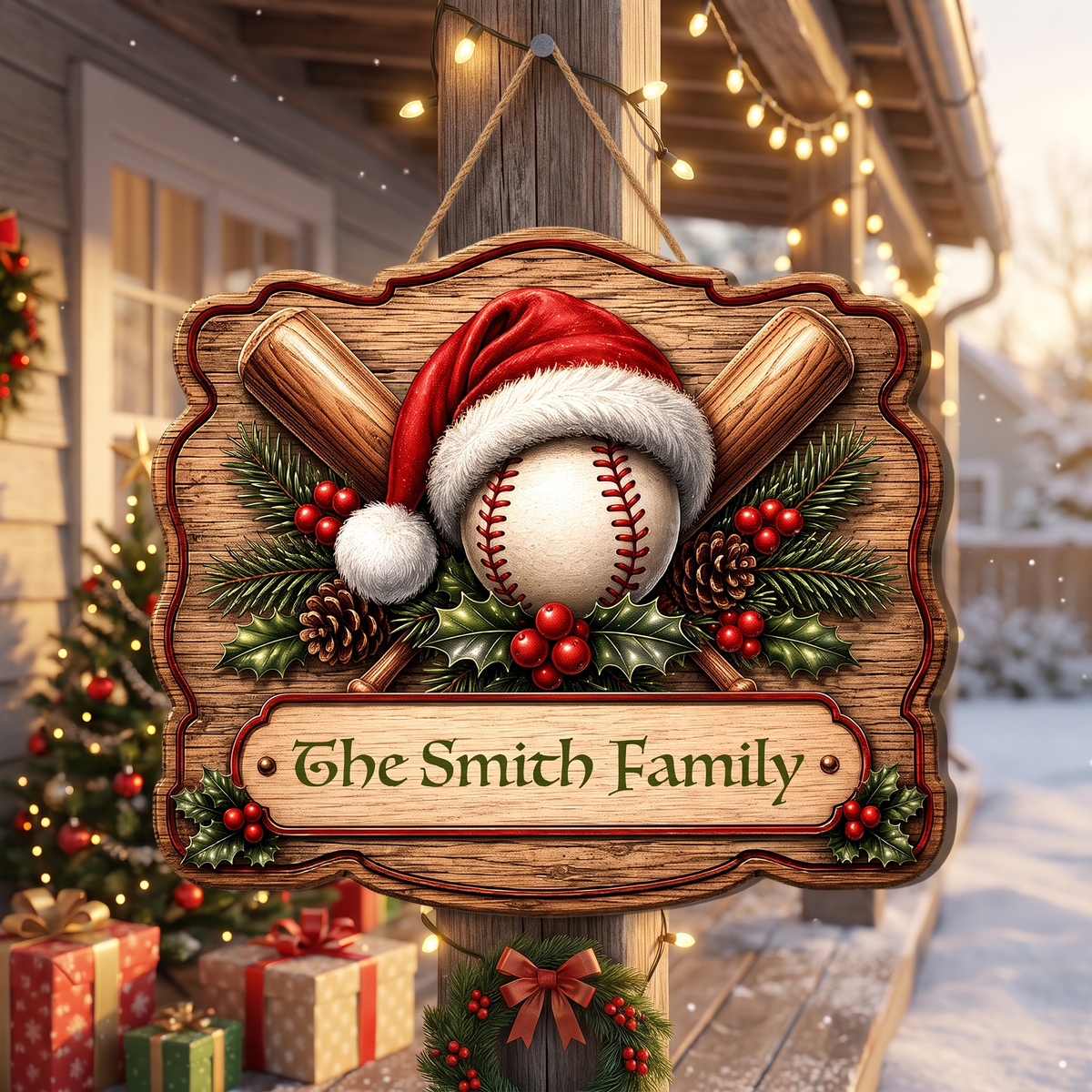 Personalized Christmas Baseball Santa Hat Custom Shape Wood Sign, Custom Family Name Crossed Baseball Bats Wooden Hanging Plaque, Sports Lover Holiday Door & Wall Decor Family Gift