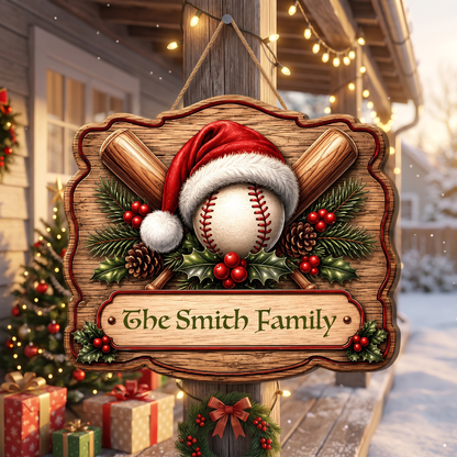 Personalized Christmas Baseball Santa Hat Custom Shape Wood Sign, Custom Family Name Crossed Baseball Bats Wooden Hanging Plaque, Sports Lover Holiday Door & Wall Decor Family Gift